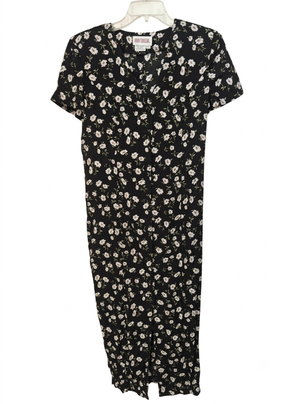 Vintage 90s Y2K Maggy London Black Floral Daisy Print Short Sleeve Dress